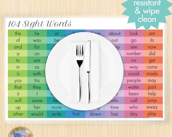 Kids Placemat preschool kindergarten learning alphabet, Learning sight words Dining placement, Unique Gift Boys Girls educational school