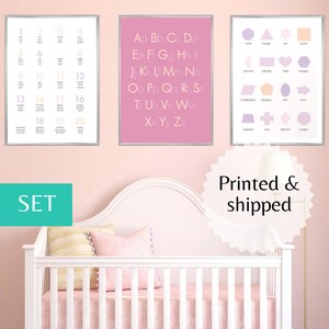 Juego de 3 carteles impresos para preescolar, impresiones artísticas educativas para pared, para habitación de niñas, formas abecedario, números, jardín de infantes, niños, educación en el hogar, ideas de regalo únicas