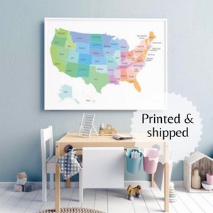 Impresión de póster mapa de EE.UU. Para el arte de la sala de juegos, colores felices, decoración de la escuela de la habitación de los niños educativos preescolar, usa mapa impresión, mapa vivero grande