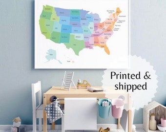 USA Map Poster Print For playroom art, happy colors, educational kids room homeschool decoration preschool, usa map print, map nursery large
