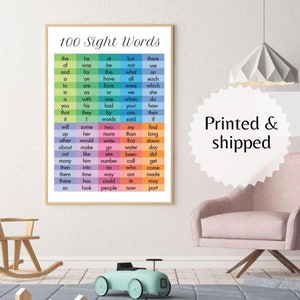 Pósteres con 100 palabras a la vista, impresiones educativas: aprendizaje para niños de jardín de infantes, ideas de decoración para niños y niñas, arte de pared Montessori