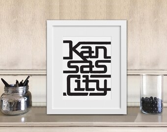 Kansas City Black and White Brush Lettering 8x10 Actual Print