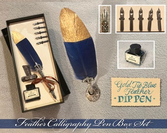 Nice Calligraphy Blue Feather Dip Pen Set