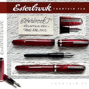 May include: A red marbled Esterbrook J fountain pen shown in multiple views, including the barrel, cap, and nib. A small card displays the handwritten text Esterbrook J Fountain Pen. The pen features silver-toned metal clips and trim accents.