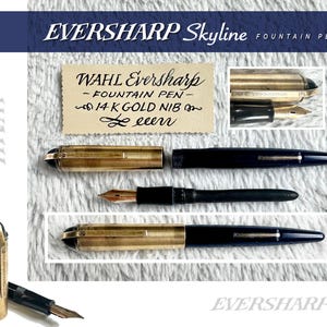 Könnte beinhalten: Eine Auswahl an Eversharp Skyline Füllfederhaltern. Das Bild zeigt Stifte mit goldenen und schwarzen Schäften sowie eine Nahaufnahme einer goldenen Feder. Eine Karte zeigt "WAHL Eversharp - FOUNTAIN PEN - 14K GOLD NIB".