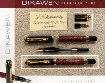 Brand New Black, Gold & Dark Red Dikawen Fountain Pen with ornate nib