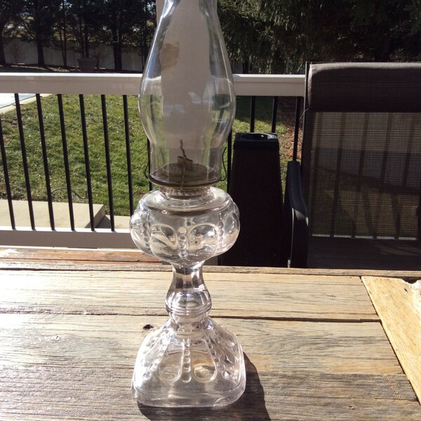 Antique Clear glass Oil Lamp, Hurricane Oil Lamp, Unique Clear Glass Oil Lamp- Tear Drop Pattern