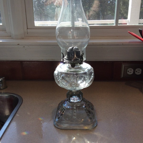 Antique Clear glass Oil Lamp, Hurricane Oil Lamp, Unique Clear Glass Oil Lamp- Tear Drop Pattern