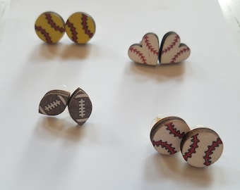 Wood Earrings Baseball - Hearts- Softball - Football or Basketball stud Earrings Sports Fans