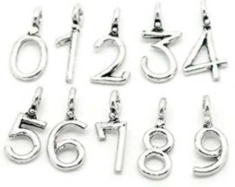 May include: Ten silver charm pendants shaped like the numbers 0 through 9. Each charm has a loop at the top for attaching to a necklace or bracelet.
