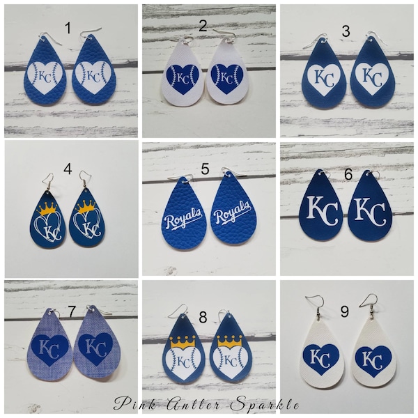 Royals Inspired Baseball faux leather Teardrop Earrings Royal Blue Gold White Chambray Crown Kansas City KC sports - 18 styles available