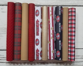 faux Leather Sheets San Francisco 49ers fake Leather to make earrings bows football sports SF camel plaid die cut crafts black red gold