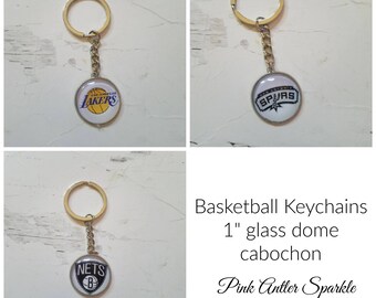 BASKETBALL KEYCHAINS La Lakers San Antonio Spurs Brooklyn Nets - 25mm keychain 1 in clear glass dome silver ring - 3 teams available