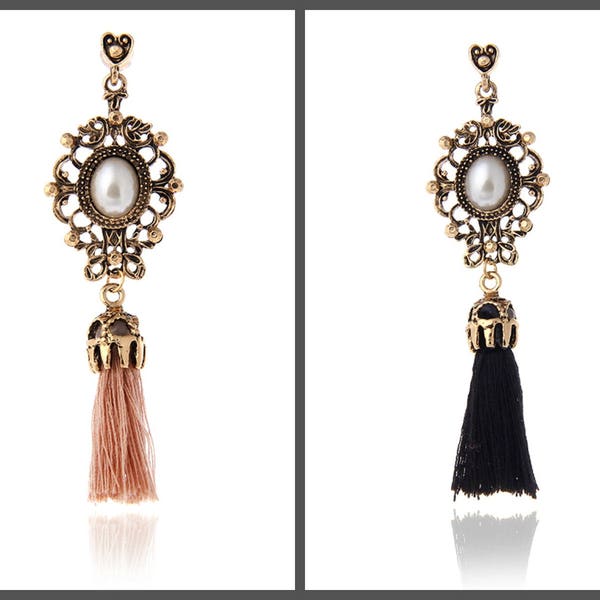 Tassel Earrings Black Tassel or Pink Tassel pearl vintage Homecoming Jewelry Bridesmaid Jewelry Wedding pearl earrings 2 colors availbale