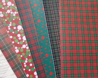 CHRISTMAS faux Leather Sheet Bundle of 6 fake sheets to make earrings die cut crafts hunter green navy blue tartan plaid brick red polka dot