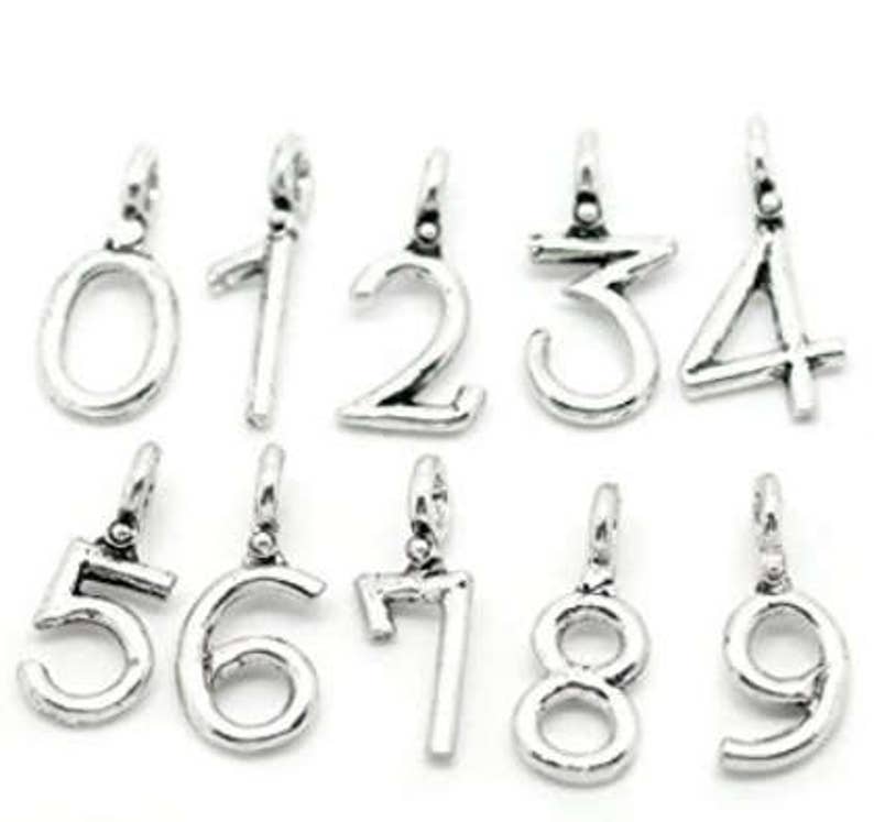 Number Charms / pick number 1 2 3 4 5 6 7 8 9 0 / SILVER number charm / ADD on charm / Sports number charm / player number / charms image 1