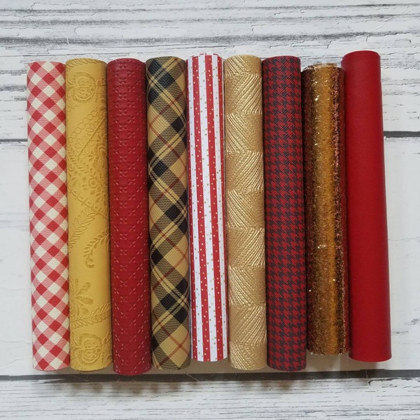 faux Leather Sheets Pattern Solid fake leather make earrings bows Tartan Plaid mustard Brick red gingham stripes glitter polka dots check