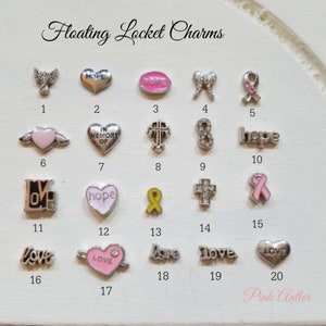 May include: Twenty silver locket charms with various designs, including hearts, wings, crosses, ribbons, and words like "hope" and "love".