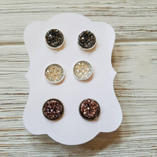 Drusy Studs set of 3 earrings Champagne drusy crystal clear drusy black druzy studs Mothers Day Gift faux drusy everyday jewelry Wedding