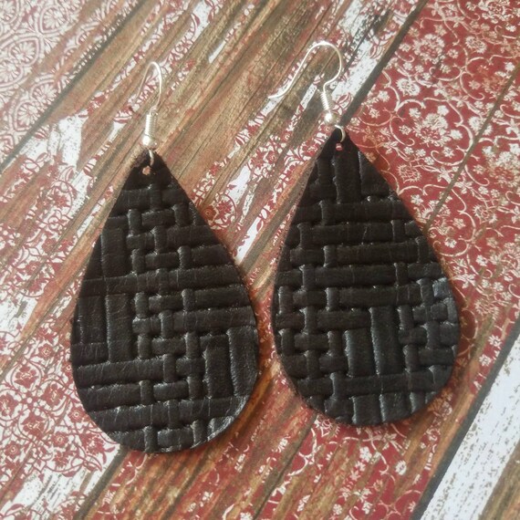 Leather Earrings Black Braid Teardrop Leather Earrings Black Etsy