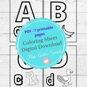 Puede incluir: Páginas para colorear imprimibles en blanco y negro con las letras A, B, C y D con imágenes correspondientes de un plátano, un gato y un pato. El texto "PDF - 7 páginas imprimibles Hoja para colorear Descarga digital Pink Antler Sparkle" está en un círculo azul.