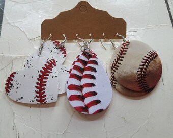 BASEBALL faux leather earrings teardrop hearts round baseball laces white red large silver hooks 3 styles