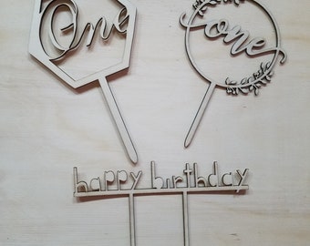 WOOD Cake Topper Happy Birthday party picks one 1st Birthday boho chic flowers round One rustic chic