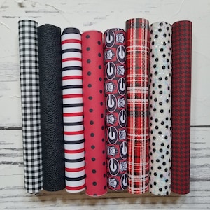 Georgia Bulldog faux leather sheets Bulldogs fake to make earrings hair bow die cut crafts red black polka dots buffalo plaid stripes hounds