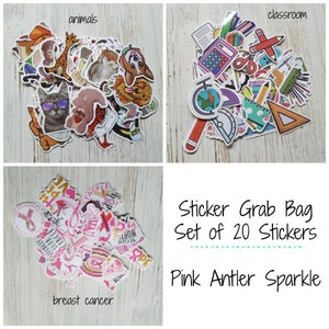 May include: A set of 20 assorted stickers in a grab bag. The stickers are divided into three categories: animals, classroom, and breast cancer awareness. The bag is labeled "Sticker Grab Bag Set of 20 Stickers Pink Antler Sparkle".