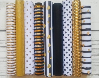 faux Leather Sheets Black & Gold fake Leather Sheets to make earrings bows die cut crafts Valentines Day Stripes hearts glitter Polka Dots