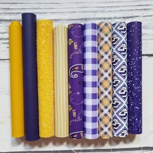 Hojas de cuero sintético LSU de cuero falso para hacer pendientes, lazos, cuero deportivo, artesanías troqueladas, Universidad Estatal de Luisiana, cuadros de búfalo, lunares
