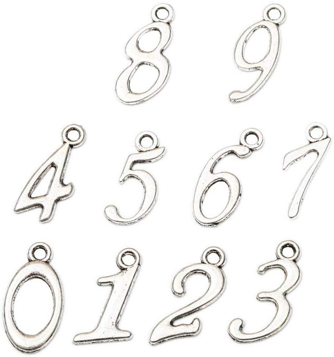 Number Charms Pick Number 1 2 3 4 5 6 7 8 9 0 Slant Cursive SILVER