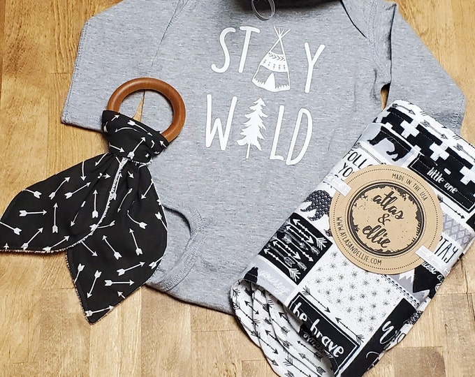 Baby Bundle is the Perfect New Mommy gift!  "Stay Wild" Bodysuit with Burp Cloths,Wooden Teether and Sensory Toy. Ready to Ship