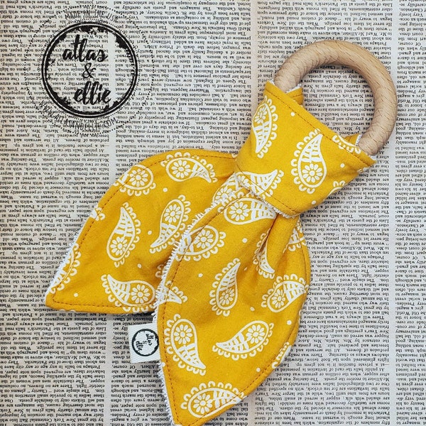 Yellow Pasiely Cotton Fabric on Wooden Ring Bunny Ear Teether!! Ready to Ship A Great gift for Baby Shower and the Holidays!