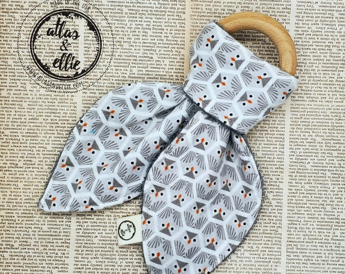 Owl Cotton Fabric on Wooden Ring Bunny Ear Teether!! Ready to Ship A Great gift for Baby Shower and the Holidays!
