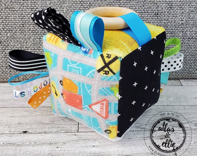 Featured listing image: Car/Truck Sensory Cube for Babies, Each side has textures and prints to enhance your baby's senses! A great toy for tummy time and more