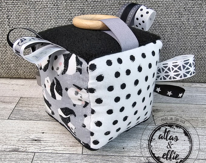 Featured listing image: Panda Sensory Activity Toy for Babies, Each side has textures and prints to enhance your baby's senses! A great toy for tummy time