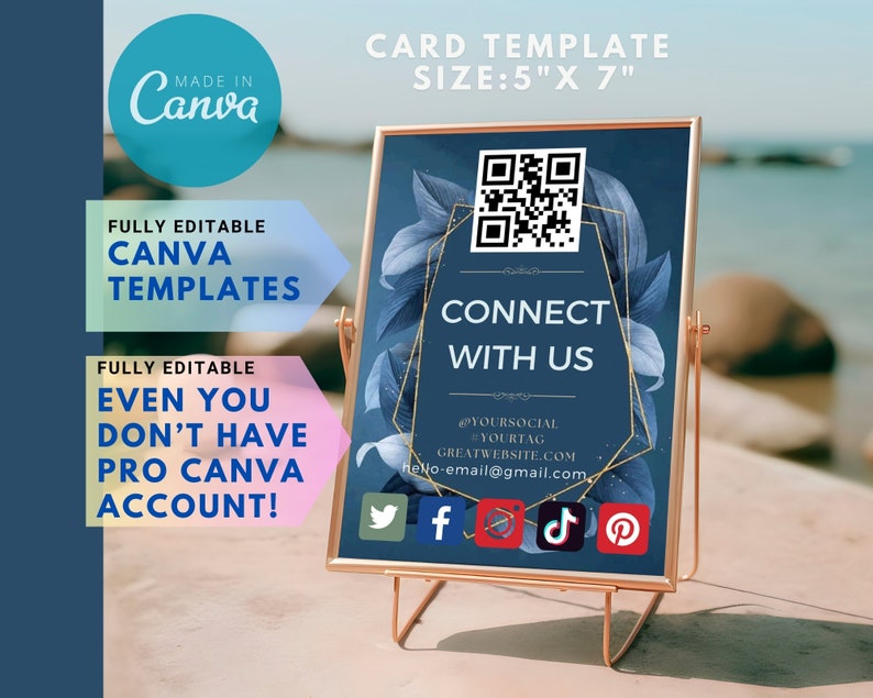 May include: A blue and gold card template with a QR code, the text "Connect with us", social media icons, and the text "@Yoursocial #Yourtag Greatwebsite.com heNo-email@gmail.com". The card is on a gold stand and the background is a blurry image of a beach.