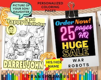 Gepersonaliseerde verjaardagskleurplaten robot: 25 pagina's afdrukbaar (digitale download)