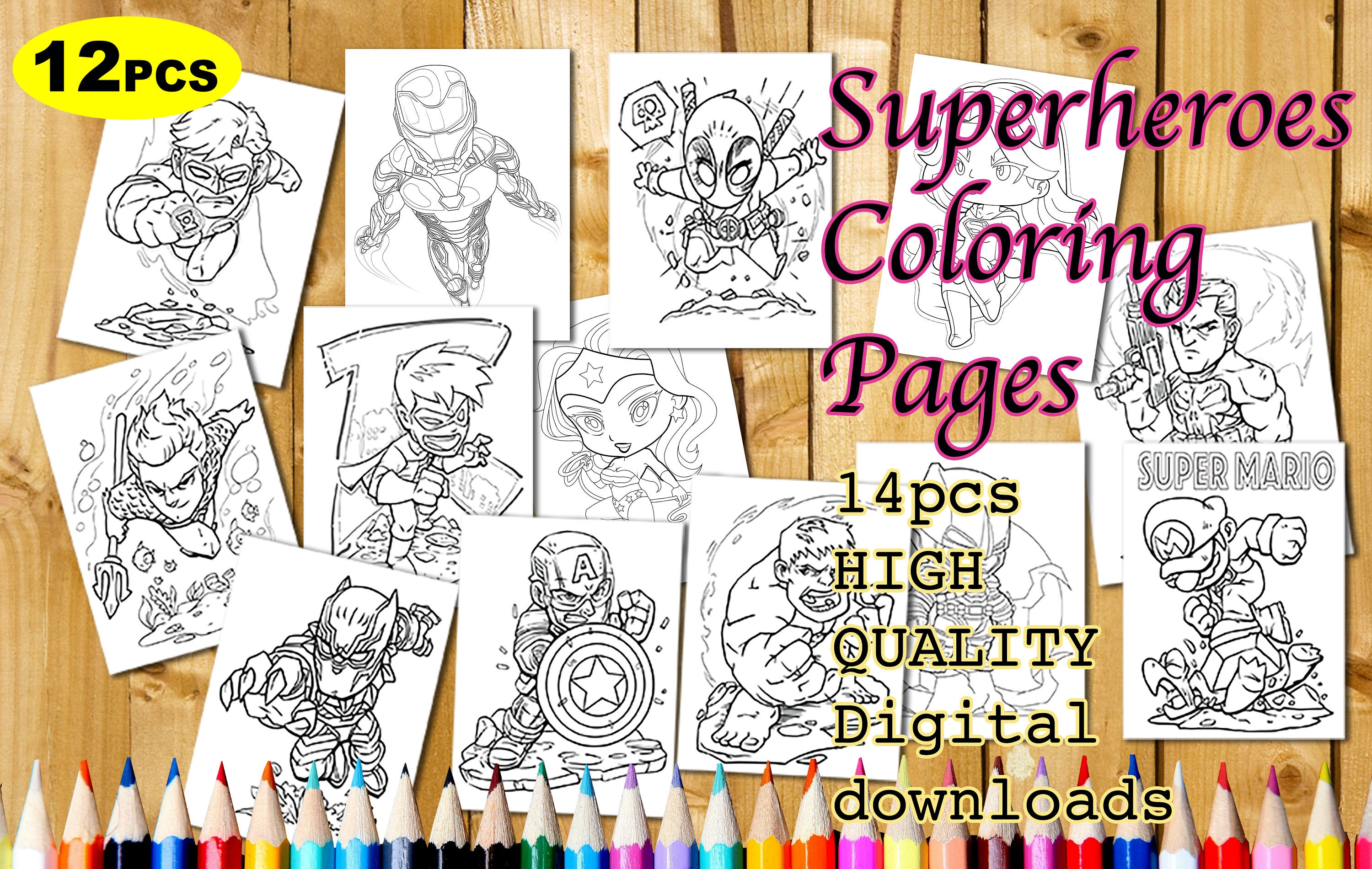 14 Pages Chibi Superheroes Children's Coloring Pages | Etsy