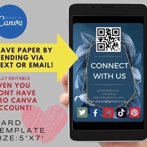 May include: A digital card template with a blue and gold floral design. The card features a QR code, social media icons, and the text "CONNECT WITH US". The card is 5 inches by 7 inches.