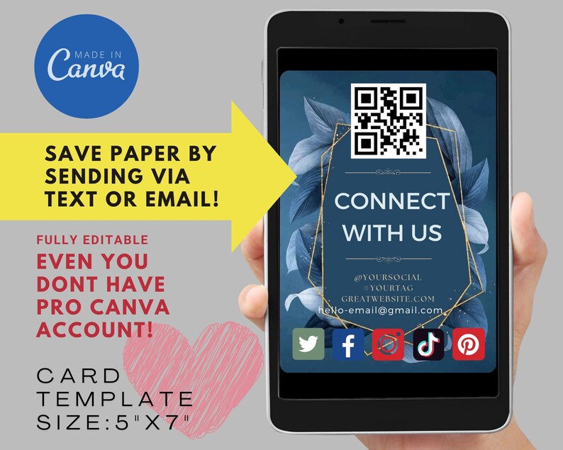 May include: A digital card template with a blue and gold floral design. The card features a QR code, social media icons, and the text "CONNECT WITH US". The card is 5 inches by 7 inches.