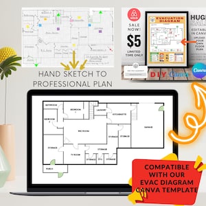 Grundriss-Erstellung für Evakuierungsdiagramm Notfallfeuerwehr-Routenplan Air Bnb Home Verleih - Canva Template Kompatibel