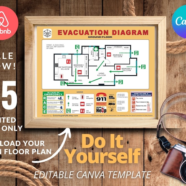Schéma d'évacuation modifiable Plan d'évacuation d'urgence en cas d'incendie Air Bnb Home Rentals