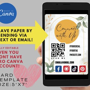 May include: A digital card template featuring a floral design and a QR code. The text on the card reads "Connect with Us" and includes social media icons and a website address. The card measures 5 inches by 7 inches.