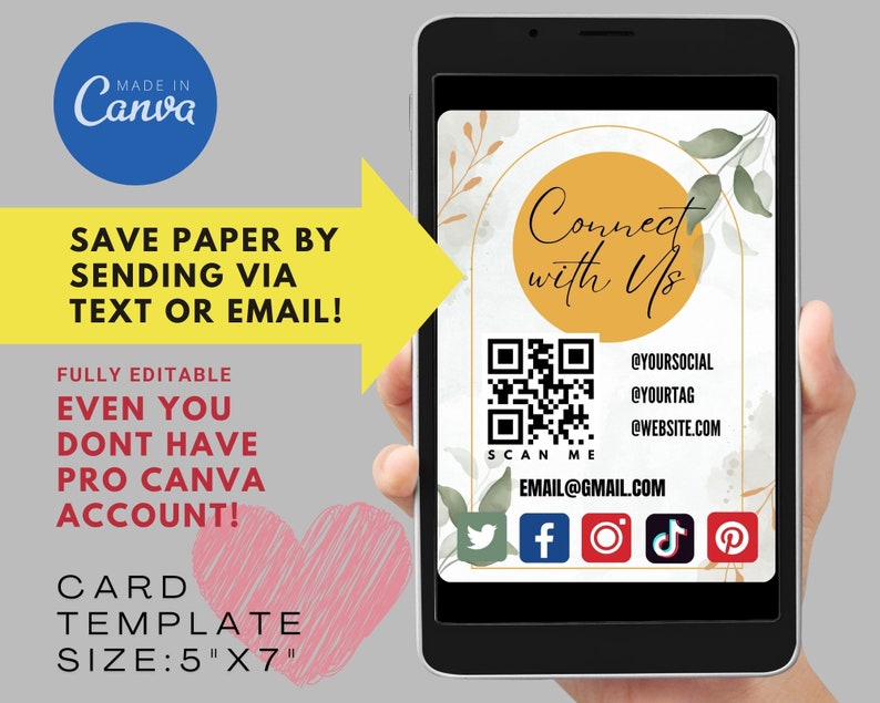 May include: A digital card template featuring a floral design and a QR code. The text on the card reads "Connect with Us" and includes social media icons and a website address. The card measures 5 inches by 7 inches.