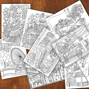 Pagine da colorare di Carnevale e pagliacci disegnati a mano con scarabocchi e disegni intricati per relax e divertimento_10 pagine scaricabili di alta qualità