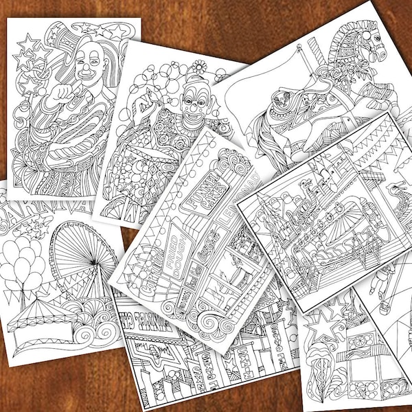 Hand Drawn Carnival and Clowns Coloring Pages with Doodles and Intricate Designs for Relaxation and Fun_High Quality Downloadable 10 pages