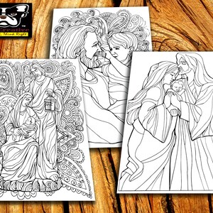 May include: Three black and white line drawings of religious figures. The first image shows a family with a mother, father, and baby. The second image shows a man with a beard and a child. The third image shows a man and woman holding a baby.