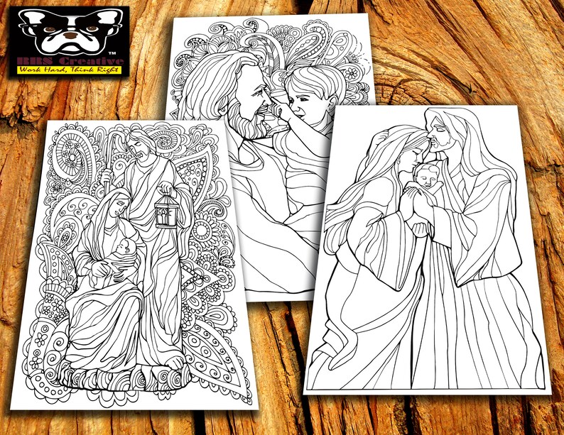 May include: Three black and white line drawings of religious figures. The first image shows a family with a mother, father, and baby. The second image shows a man with a beard and a child. The third image shows a man and woman holding a baby.